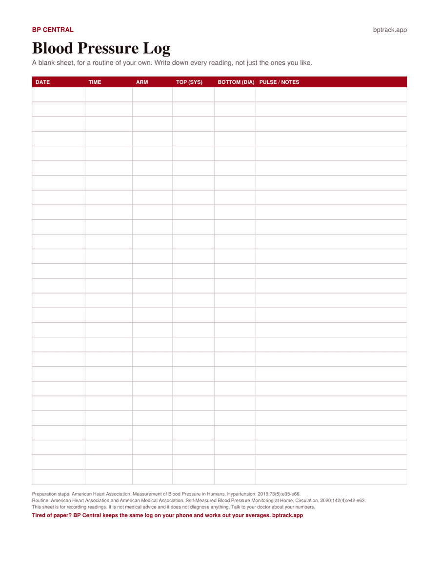 Page two of the printable: a blank blood pressure log with columns for date, time, arm, top number, bottom number, and pulse or notes.